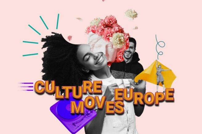 Collage in roze: lachende jonge mensen, een gipshoofd met pioenrozen erop, een paarse platenspeler en een vrouw met een gele doek, met in grote oranje letters CULTURE MOVES EUROPE.