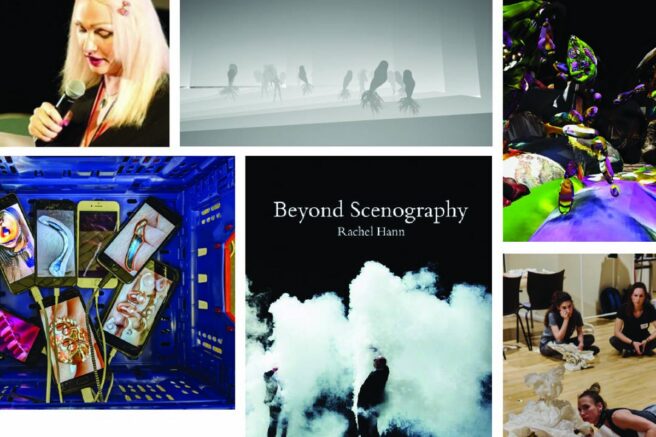 Zes deelbeelden in rastervorm: een spreker met microfoon, silhouetten in een mistige witte ruimte, kleurrijke glanzende vormen in het donker, smartphones met sieraden in een blauwe krat, de cover van het boek Beyond Scenography van Rachel Hann, en mensen op een houten vloer met wit materiaal.