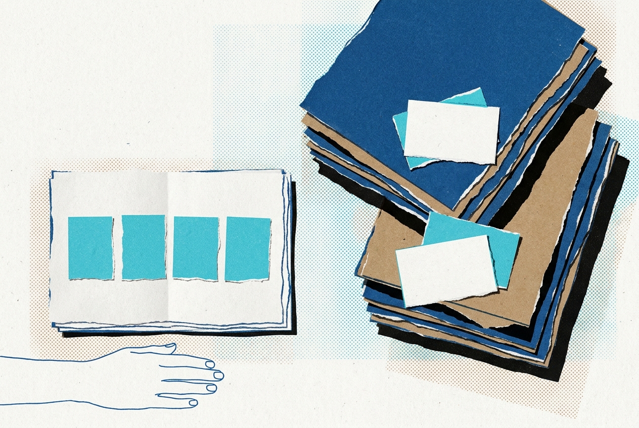 Opengeslagen boek met vier lege blauwe vlakken op een rij, rechts twee dikke schuine stapels papier, onderaan een hand.